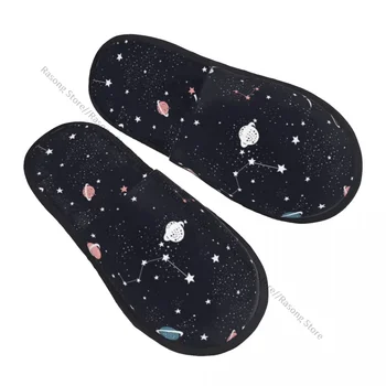 Зимние женские мужские нескользящие тапочки на плоской подошве с рисунком космической Галактики, мягкая теплая обувь для помещений