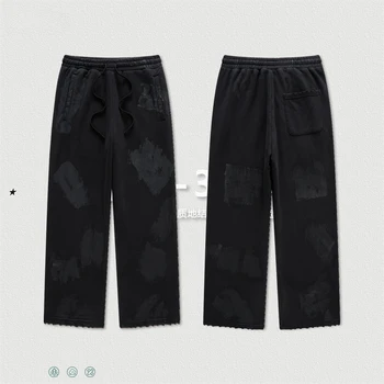 Мужские флисовые брюки в стиле ретро, зимние, выстиранные краской, Унисекс, свободные, 385gsm, тяжелые, рваные, широкие прямые брюки HY0745