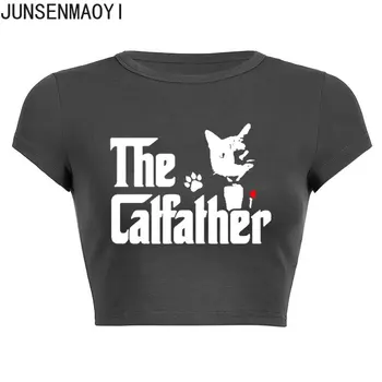 The CatFather Отец кошек, Папа с принтом, Новый летний Женский Кроп-топ с коротким рукавом и круглым вырезом, укороченный до пупка, Модная футболка