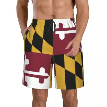 Мужские летние плавки для серфинга с флагом Мэриленда 2023, пляжные шорты, быстросохнущие брюки с карманами