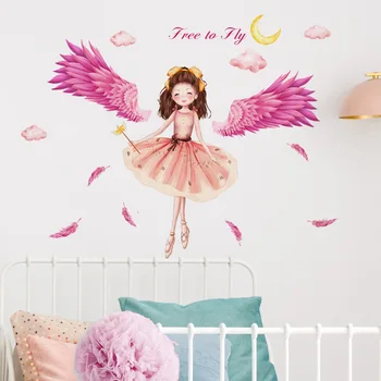 Наклейки на стены с крыльями, маленькой девочкой и облаками для украшения фона в гостиной - Самоклеящиеся рисунки на стенах
