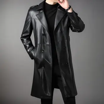 Удлиненная мужская куртка из искусственной кожи, зимняя шерстяная подкладка, Двубортный деловой черный модный тренч, мужской пояс, шикарная ветровка