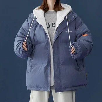 Плотная хлопчатобумажная одежда в корейском стиле, свободная мода, искусственный топ из двух частей с капюшоном, мужская Женская весенняя куртка, зимняя