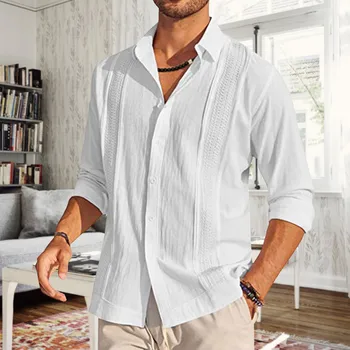 Хлопчатобумажные Льняные мужские рубашки с короткими рукавами, летние однотонные рубашки со стоячим воротником в повседневном пляжном стиле больших размеров
