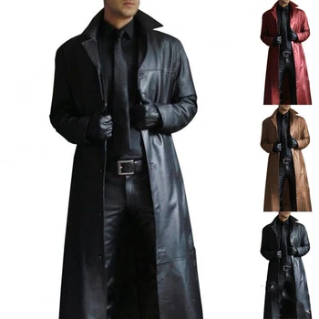 2023 Новая повседневная модная однотонная куртка-поло, стиль ветровки, Приталенная кожаная Длинная куртка из искусственной кожи, мужская куртка с лацканами