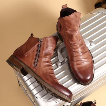Мужские ботинки 2024 года выпуска, удобные ботильоны в стиле ретро, нескользящая кожаная мужская обувь, ковбойские сапоги, мужская обувь, кроссовки