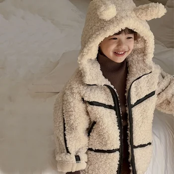 2023, Осень-зима, Новая детская одежда в корейском стиле, модный кашемир из шерсти ягненка, сочетающийся со шляпой, меховое пальто, Теплое удобное