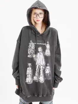 Американская винтажная толстовка с мультяшным принтом граффити, мода Y2K для мужчин и женщин, свободная индивидуальность, Harajuku, негабаритная толстовка с капюшоном, топ