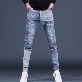 Дизайнерские Корейские модные Мужские джинсы элитного бренда в стиле хип-хоп, брюки-карго для стильных мужчин, мотоциклетные тонкие брюки в стиле пэчворк