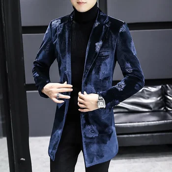 Бархатное теплое пальто с принтом королевского синего цвета Дизайнерская мужская зимняя куртка из смесовой шерсти Мужская модная Приталенная Длинная зимняя куртка и пальто для мужчин