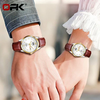 Кварцевые часы OPK 8132 Для пары, классические модные Мужские и женские часы с водонепроницаемым кожаным ремешком, светящийся циферблат с календарем, часы любви