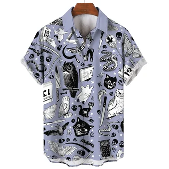 Мужская рубашка, летняя рубашка со скелетом в стиле харадзюку, ретро 3D принт, базовая одежда, модная повседневная рубашка, топ с короткими рукавами