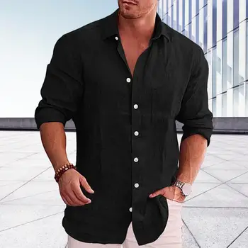 Однобортная мужская рубашка Повседневная мужская рубашка Стильные мужские повседневные рубашки Однобортные топы с отворотом и длинным рукавом с для работы