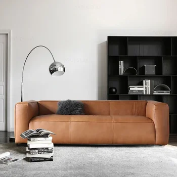 QB63 Скандинавский ретро-диван из воловьей кожи для гостиной небольшой квартиры, трехместный прямой ряд, простой кожаный латексный диван wabi-sab