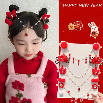 Цепочка на лоб Детская Красная шпилька с милым бантом и кисточкой Китайский новогодний головной убор Плюшевая ткань Детская шпилька в древнем стиле