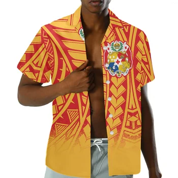 HYCOOL Полинезийская Племенная Желтая Мужская Рубашка С Коротким Рукавом На Заказ, Свободная Гавайская Рубашка На Пуговицах, Модная Мужская Рубашка Большого Размера 5xl