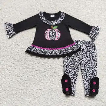 Оптовая продажа, детский вышитый тыквой леопардовый кружевной черный брючный костюм с длинными рукавами для маленьких девочек, пижама-бутик