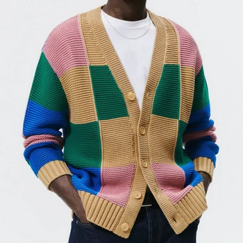 Мужской осенне-зимний американский трикотаж 2023, Новый молодежный тренд, модный Элегантный свитер контрастного цвета, повседневный свободный кардиган с V-образным вырезом