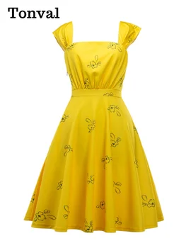 Tonval, Винтажные Желтые платья с милым цветочным принтом, Повседневные Летние женские платья с квадратным воротником и открытой спиной, Элегантное приталенное платье