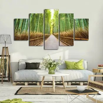 Плакат с природой зеленого бамбукового леса, 5 панелей, печать на холсте, настенное искусство, Домашний декор, HD Печать фотографий без рамок, декор комнаты из 5 предметов