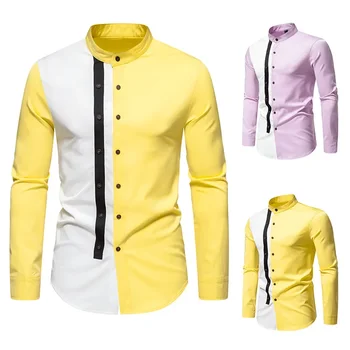 Осень/Зима 2023, Новая мужская рубашка с контрастным воротником Хенли и длинным рукавом, молодежная приталенная рубашка
