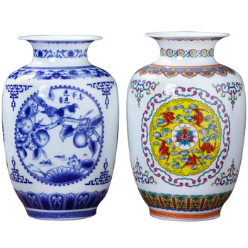 Цзиндэчжэньская сине-белая изысканная керамическая ваза с перфорацией, украшение винного шкафа для цветов в современной гостиной, украшения ручной работы