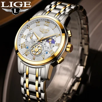 Мужские кварцевые часы LIGE Fashion Business Moonphase из нержавеющей стали, роскошные часы от ведущего бренда для мужчин, водонепроницаемый светящийся хронограф