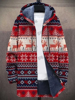 Мужское модное плюшевое толстое пальто с капюшоном в рождественскую и градиентную полоску с 3D-принтом, зимняя повседневная теплая куртка на молнии CM07