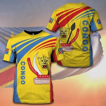 Высококачественная футболка с 3D принтом флага Демократической Республики Конго 2023, Летние повседневные мужские топы с коротким рукавом и круглым вырезом