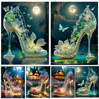 Бабочка на высоких каблуках 5D Алмазная живопись Изысканные хрустальные туфли принцессы Алмазная вышивка Мозаичные изображения из стразов A423