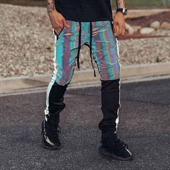 Мужские разноцветные светоотражающие брюки, повседневные брюки в стиле хип-хоп, разноцветные светоотражающие брюки