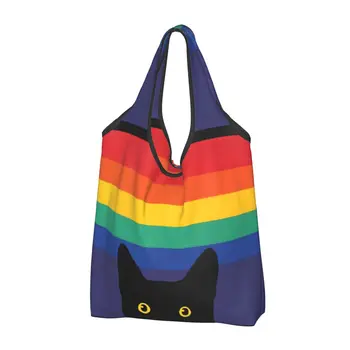 Модная сумка для покупок Peeking Cat In Rainbow Circle, портативная сумка для покупок в продуктовом магазине LGBT Gay Pride, сумка для покупок через плечо