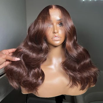 Объемные волнистые шоколадно-коричневые парики на шнурках 13Х4, синтетический парик на шнурках 180% плотности, темно-коричневый парик на шнурках для чернокожих женщин
