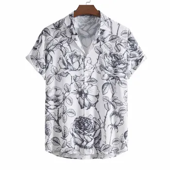 Белая рубашка с тропическим цветочным рисунком Для мужчин 2023, Летние Новые Повседневные пляжные рубашки на пуговицах с коротким рукавом, мужские гавайские рубашки с 4-полосной эластичностью
