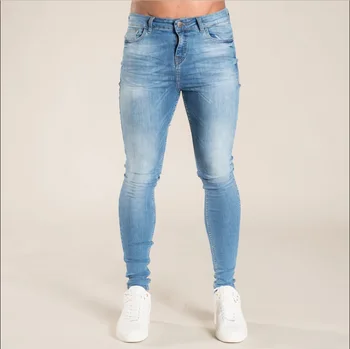 Мужские эластичные Рваные джинсы-скинни, Облегающие леггинсы, винтажные однотонные джинсовые брюки, мужские облегающие джинсовые брюки-карандаш