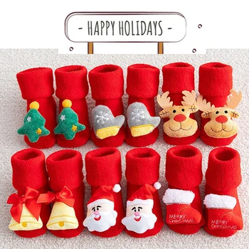 Мультяшный детский носок Зима Новорожденный Лось Рождественская елка Красный Толстый теплый чулок Детский противоскользящий напольный махровый носок Рождественский подарок