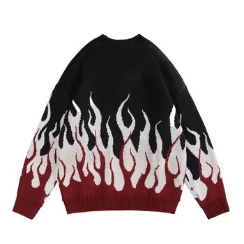 Пуловер контрастного цвета с принтом пламени в стиле ретро, осенние свитера для мужчин и женщин, круглый вырез, пэчворк, хип-хоп, мешковатые вязаные топы.