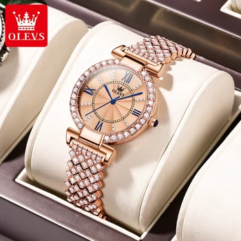 Женские кварцевые часы OLEVS с роскошным бриллиантовым циферблатом из нержавеющей стали, водонепроницаемые Элегантные женские наручные часы, браслет, Подарочная коробка, новинка