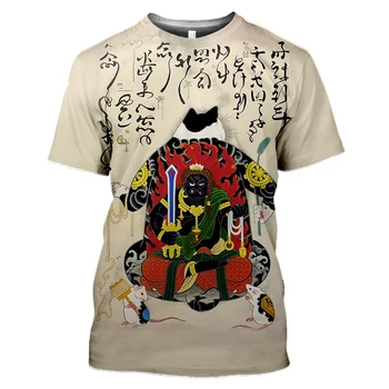 Летняя футболка с принтом кота самурая в японском стиле, футболка с 3D изображением животных, модная повседневная Свободная футболка с коротким рукавом и круглым вырезом.
