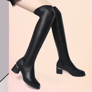 Женские кожаные эластичные сапоги, женские плюшевые длинные ботинки, осень-зима, сапоги выше колена на толстом каблуке, рыцарские ботфорты без застежки