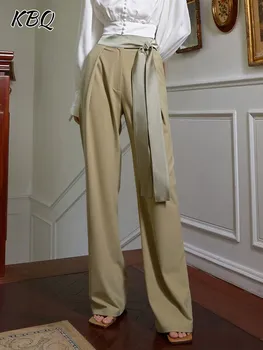 Женские брюки в пол на шнуровке KBQ с высокой талией и складками, Свободная туника, Элегантные Широкие брюки, Стиль женской одежды