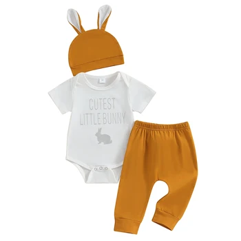 Пасхальный костюм для мальчика с буквенным принтом, ползунки с короткими рукавами и повседневные брюки, Шапка-кролик, Летняя одежда