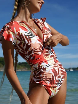 Женский купальник с принтом, цельный купальник на молнии с рюшами, 2023, Женские сексуальные купальники-монокини с высоким вырезом, пляжная одежда для серфинга