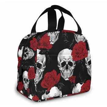 Женская сумка для ланча с цветами Сахарной косули, черепом и скелетом, изолированный ланч-бокс с передним карманом для работы, многоразовая сумка-холодильник