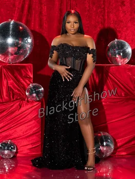 Черное свадебное платье, сексуальная однолинейная горловина, аппликация из кристаллов, выдалбливают Дизайн, Элегантные прозрачные платья для выпускного вечера из тюля с высоким разрезом