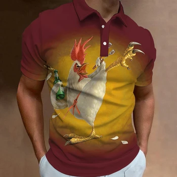 Мужская рубашка поло с курицей Кунг-фу, футболка с коротким рукавом, мужская одежда с 3D изображением животных, пуговицы на лацканах, повседневный топ, пуловер большого размера