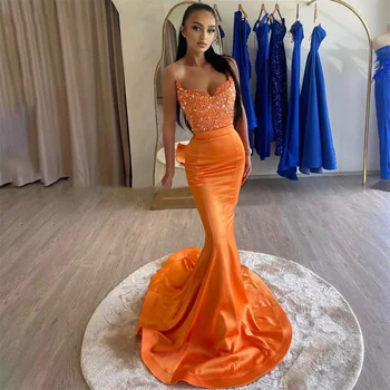 Sparkling Evening dress Orange Mermaid sequin crystal Strapless floor-length party gown vestidos de noche вечернее платье в пол