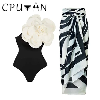 CPUTAN 2023, Новый сексуальный цельный купальник с 3D цветком на плечах, Купальники, Женское однотонное пляжное платье, Бразильская юбка-Монокини, купальный костюм