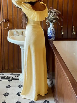 Женское облегающее трикотажное платье с открытыми плечами и длинным рукавом, повседневное однотонное платье Макси с рюшами, приталенное вечернее платье