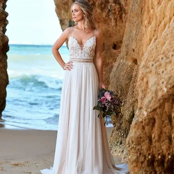 Свадебное платье LoveDress из шифона в стиле бохо с V-образным вырезом, кружевная аппликация, пляжное свадебное платье без рукавов с открытой спиной, Robe De Mariée